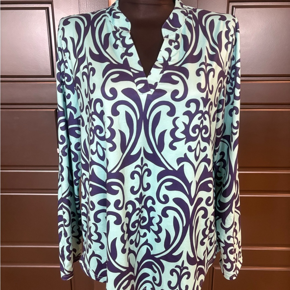 Halife Teal and Navy Patterned Women's Blouse